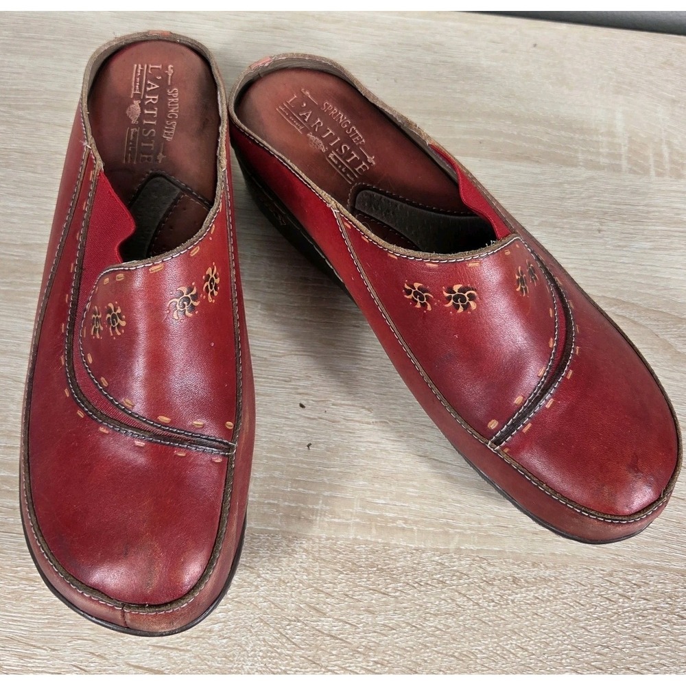 Spring Step L'Artiste Leather Clogs Mules Red Hand Painted Floral Women's EU 37